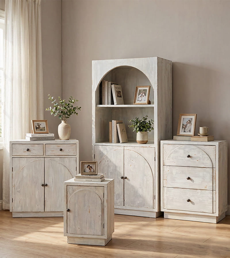 Vintage metal and wood furniture including console tables and shelves